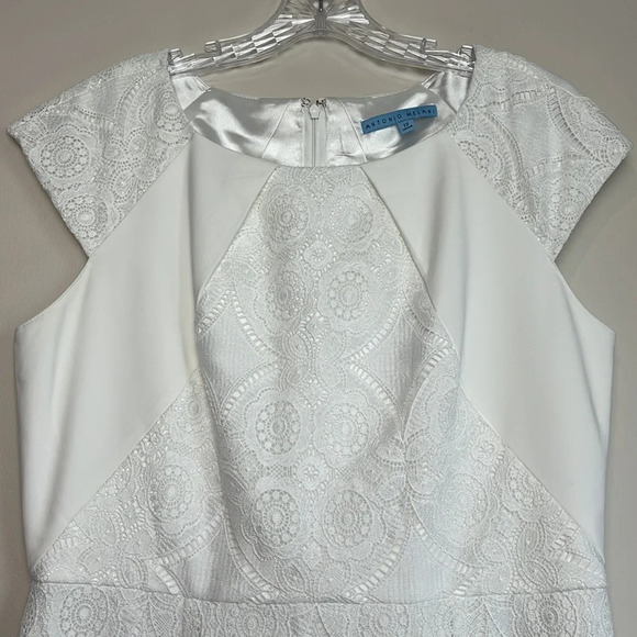 ANTONIO MELANI White Lace Cap-Sleeve Round Neck Sheath Dress Size 12 - Picture 2 of 10